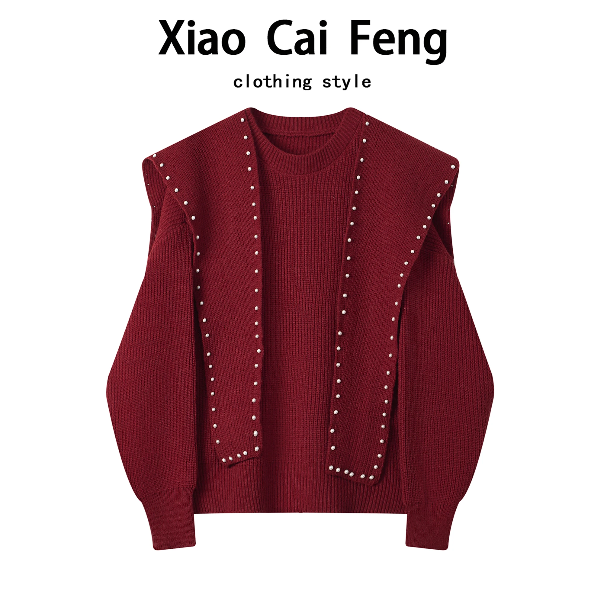 

Casual Sle Knitted Sweater Set with awl Loose Fit New Year Red Women's Faion Needlework Two-Piece Warm Comfortable Spri...