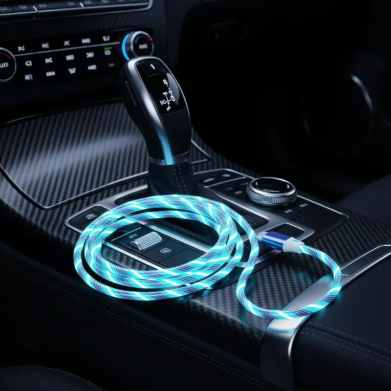 @*Color Changing LED Flowing Light Charging Cable USB Fast Charge Luminous Effect for Car Interior Gift for Drivers