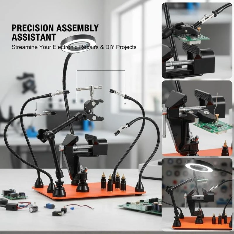 Magnetic Base Soldering Aid 4 Arms For Electronic Repair Craft Hobby DIY 3X LED Magnifying Lamp 360 Hot Air Gun Holder 4 PCB Pillars Heavy Duty Base Metal Construction