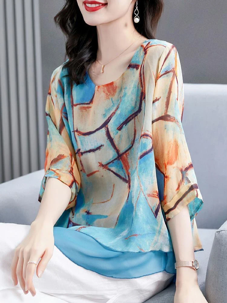 

Half Sleeve Blouse 2025 New Summer Woman Clothing Geometry Blusas Para Mujer Top Casual Loose Blouses For Women