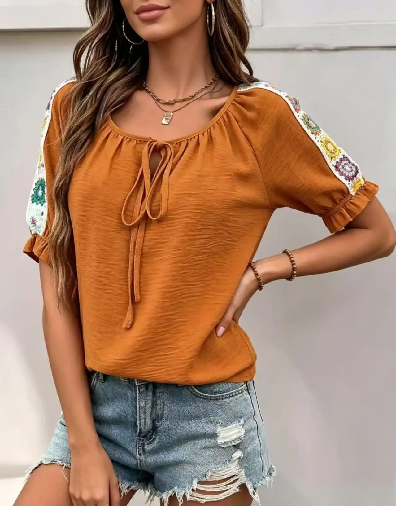 Boho Women's Blouse Tie Front Neck Short Ruffle Sleeve Ethnic Crochet Splice Casual Daily Top view 2