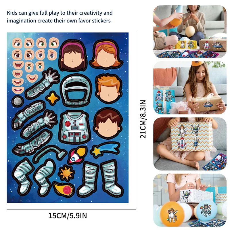 6-24sheets Space Stickers for Kids Creative Make Your Own Astronaut Stickers Children DIY Craft Make A Face Puzzle Jigsaw Gifts