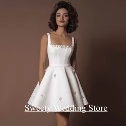Civil Wedding Dress Customized Sexu Square Neck Sleeveless Beading Pearls Above Knee Little White Gown Short Bridal Dresses