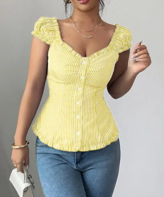 

Top Women 2026 Spring Summer New Fashion Striped V-Neck Short Sleeve Slim Fit Versatile Daily Casual Shirt Top