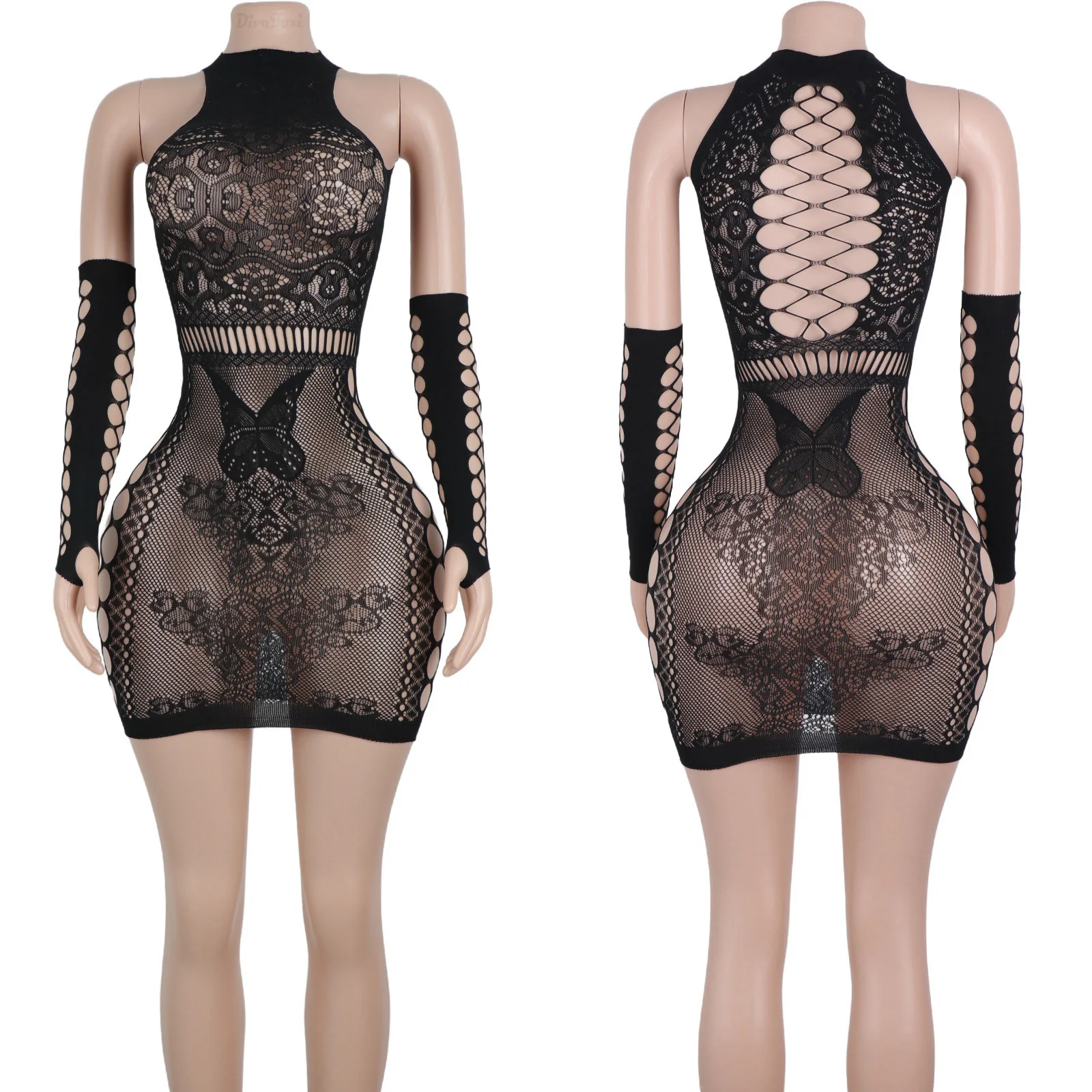 Exotic Dancewear Twerk Sleeves Skirt Backless Women Sheer Net Cutout Mesh Flower Butterfly See Through Dress Stripper Outfits