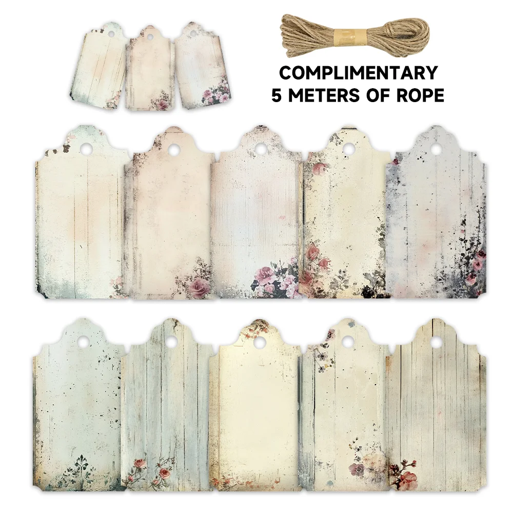 ギフト、結婚式、ブライダルシャワー、誕生日、メッセージカード、グリーティングカード用の空白の花柄タグ40個。ジュート紐が付属しています。