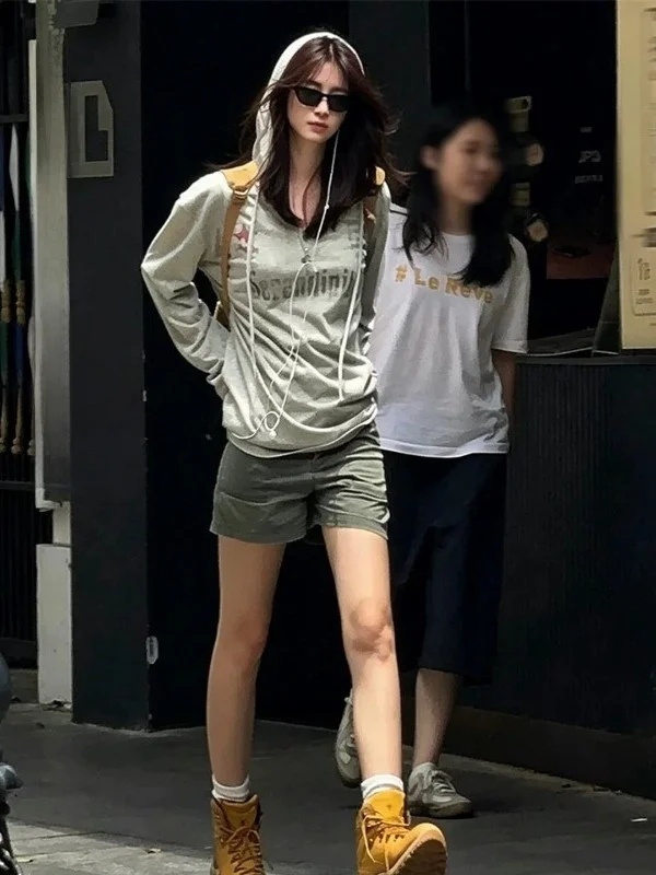 Retro American Hot Girl Letter V-Neck Long Sleeve T-Shirt Top Loose Sporty Hooded UV Protection Cover up Base Layer Shirt
