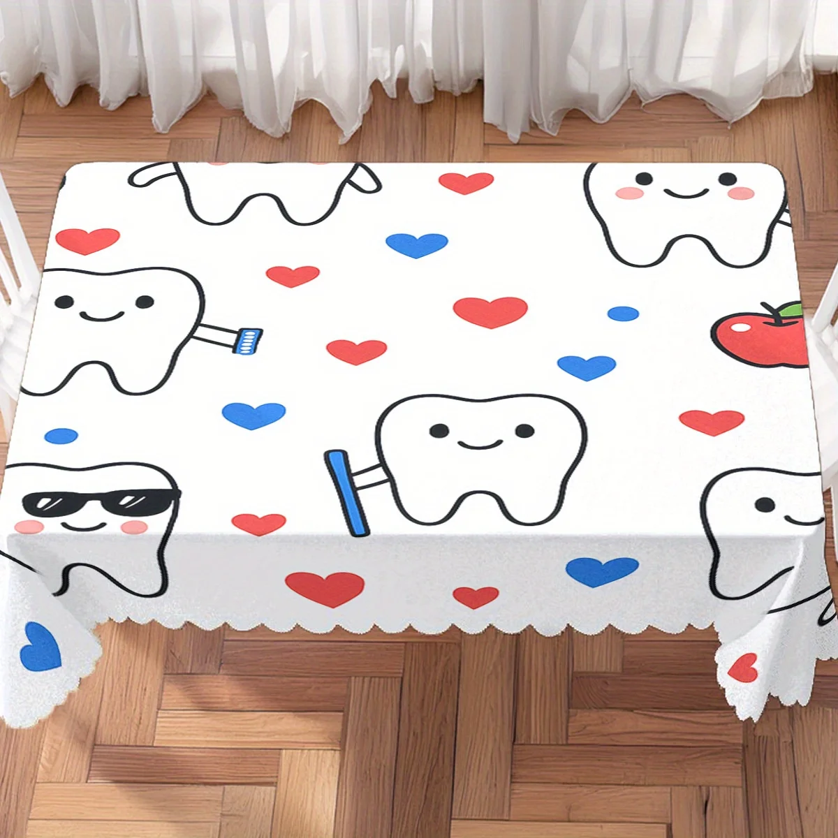 Cute Cartoon Smiling Teeth Heart Apple Print Waterproof Tablecloth, Rectangular Table Cover Dental Clinic Home Party Table Decor