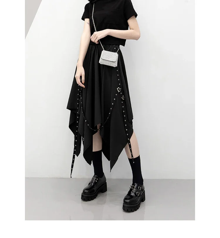 Long Skirt Irregular Skirt Girl's New Dark Tie Street Punk Wind Weave Buckle Medium-length Y2k Gothic Skirt