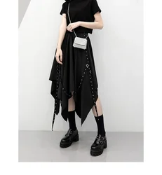 Long Skirt Irregular Skirt Girl's New Dark Tie Street Punk Wind Weave Buckle Medium-length Y2k Gothic Skirt