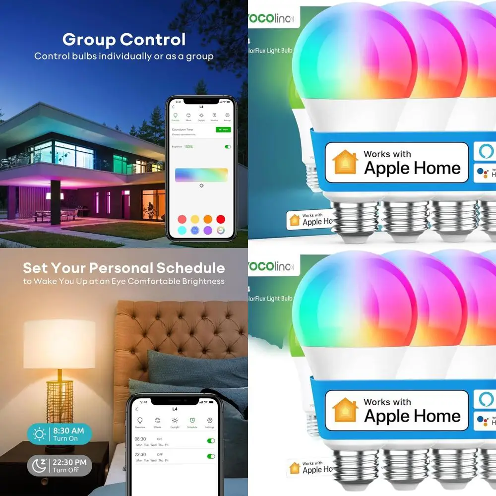 

4-Pack 9.5W A21 Smart LED Bulbs, Color Changing, 850 Lumens, Dimmable, 2200K-7000K, Compatible with HomeKit, Alexa, Google Home