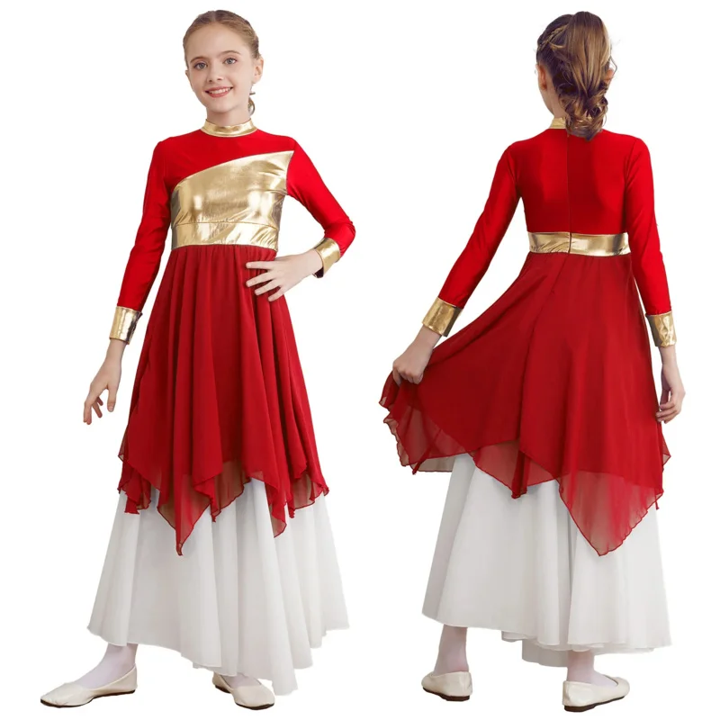 Kids Girls Modern Lyrical Ballet Dance Dress Christian Liturgical Praise Church Worship Costume Long Sleeve Ballroom Dancewear