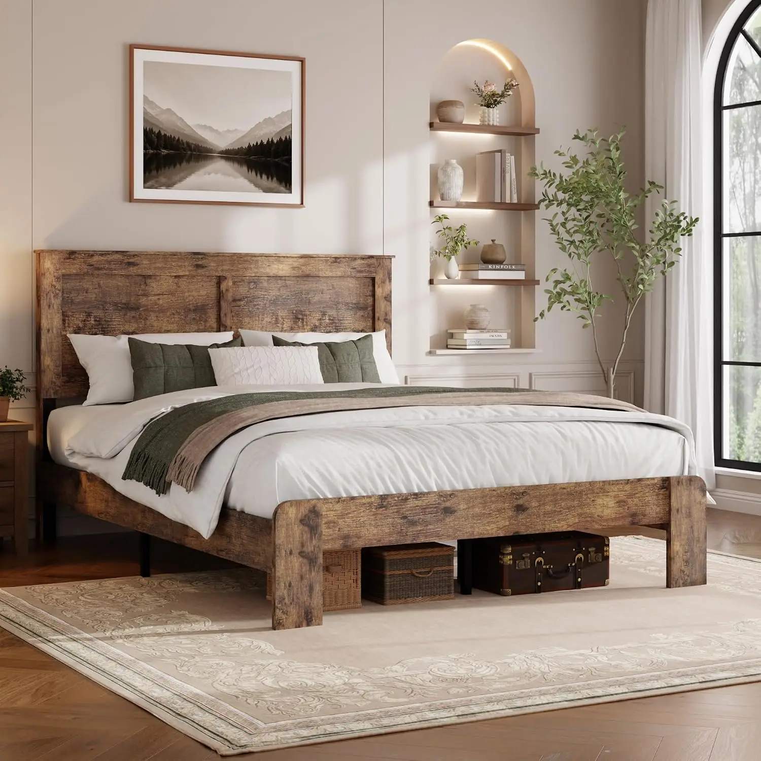 Queen Farmhouse Wood Bed Frame, Brown Platform Bed with Geometric Panel Headboard and Shelf, Metal Slat Support