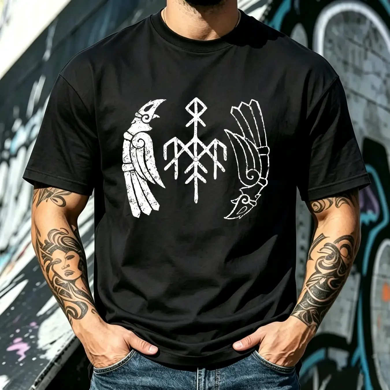 washed T Shirt wardruna kvitravn organic ts vintage Washed Stretched graphic Casual fashion Breathable homme streetwear Soft