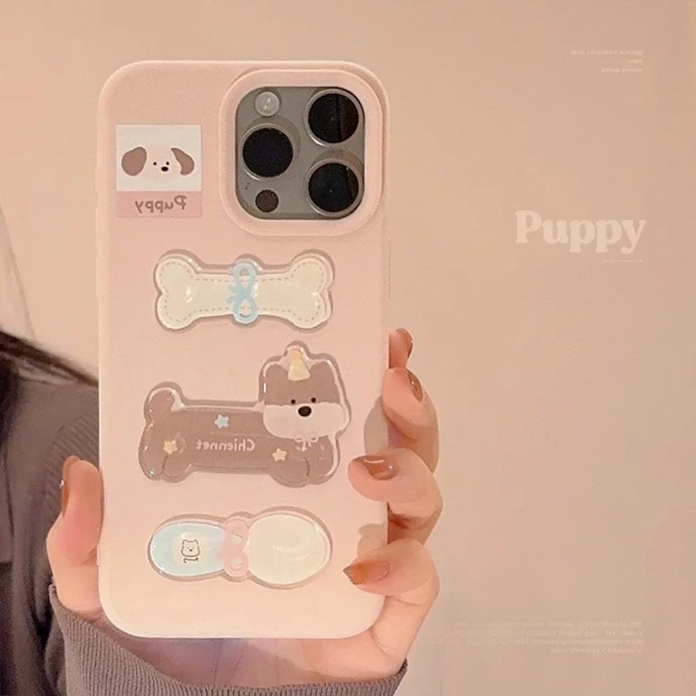 Funny puppy gift bone toy Gentle Pink Phone Case For iPhone 17 16 15 14 13 12 Pro Max Case Cute Cartoon luxury shockproof Cover