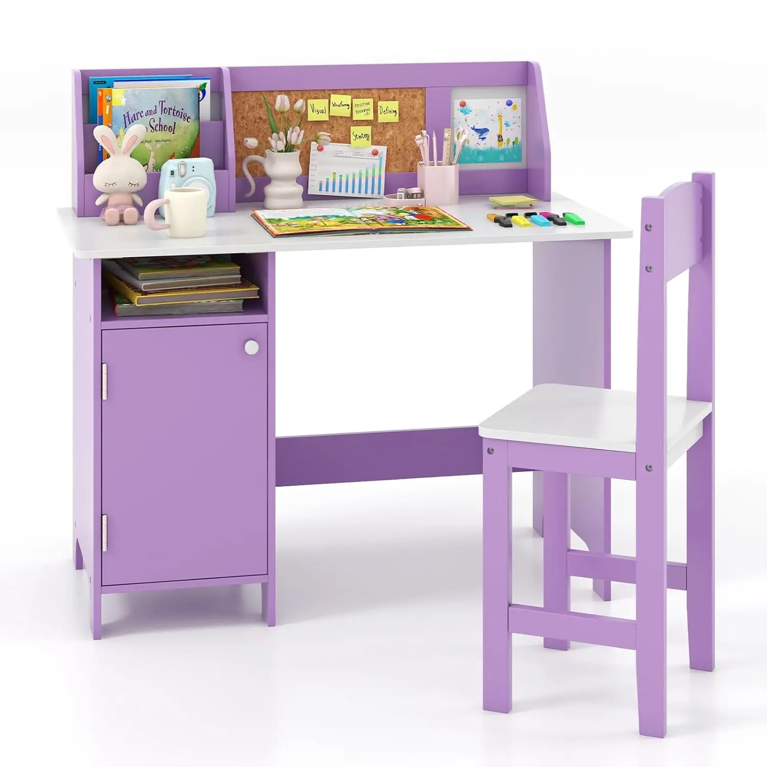 

Kids Desk and Chair Set, Wooden Children Study Table with Storage, Hutch, Cork Bulletin Board, Whiteboard & Marker, Student Comp