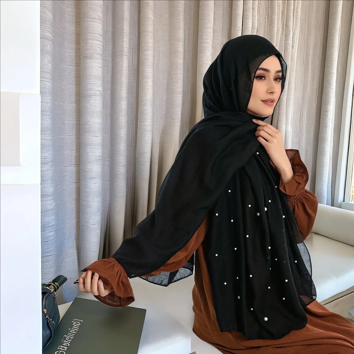 

New Jersey Pearl Beaded Long Scarf Elegant Shawl Headscarf for Women Muslim Hijab Turban Wrap Scarves Foulard Bufanda Turbante