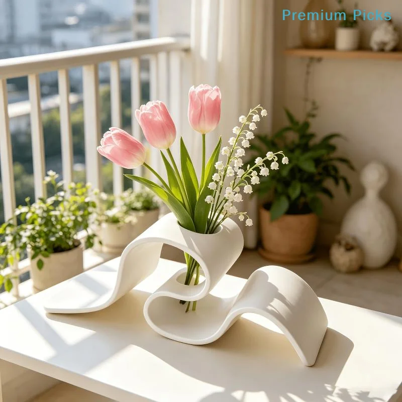 portableMinimalist White Plastic Vase Wavy Curved Design Shatterproof Flower Vase for Bathroom Kitchen Counter Decor