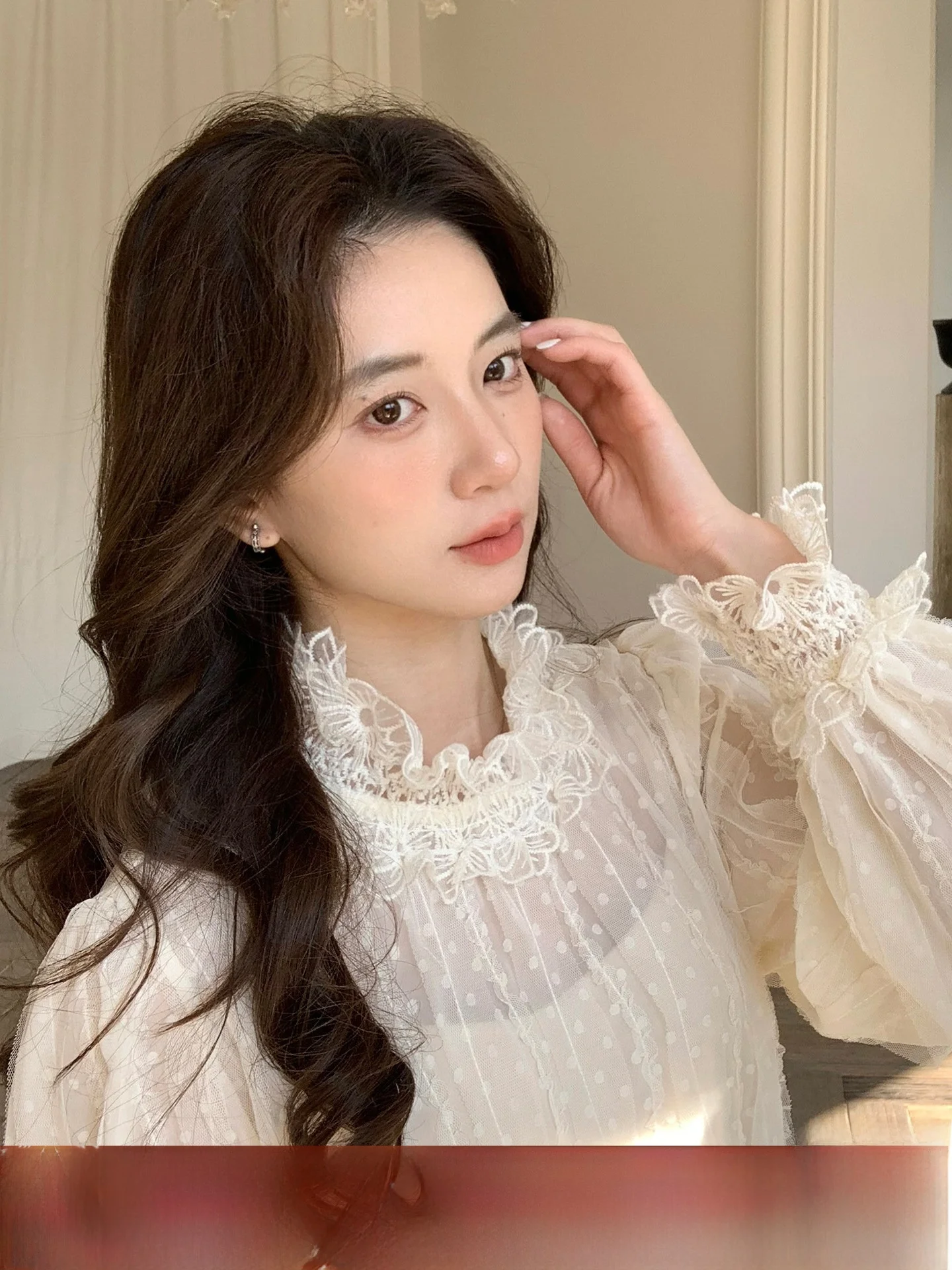 

Женская осенне-зимняя базовая кофта INON Sweet Lace Polka Dot с длинным рукавом, свободного кроя, во французском стиле, для ношения под одеждой