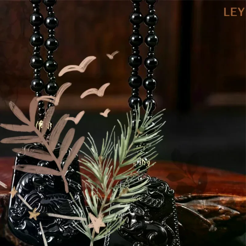 Twelve Chinese Zodiac Signs Retro Style Men Necklace Imitation Obsidian Beads Pendant Long Collar Accessories Healing Homme