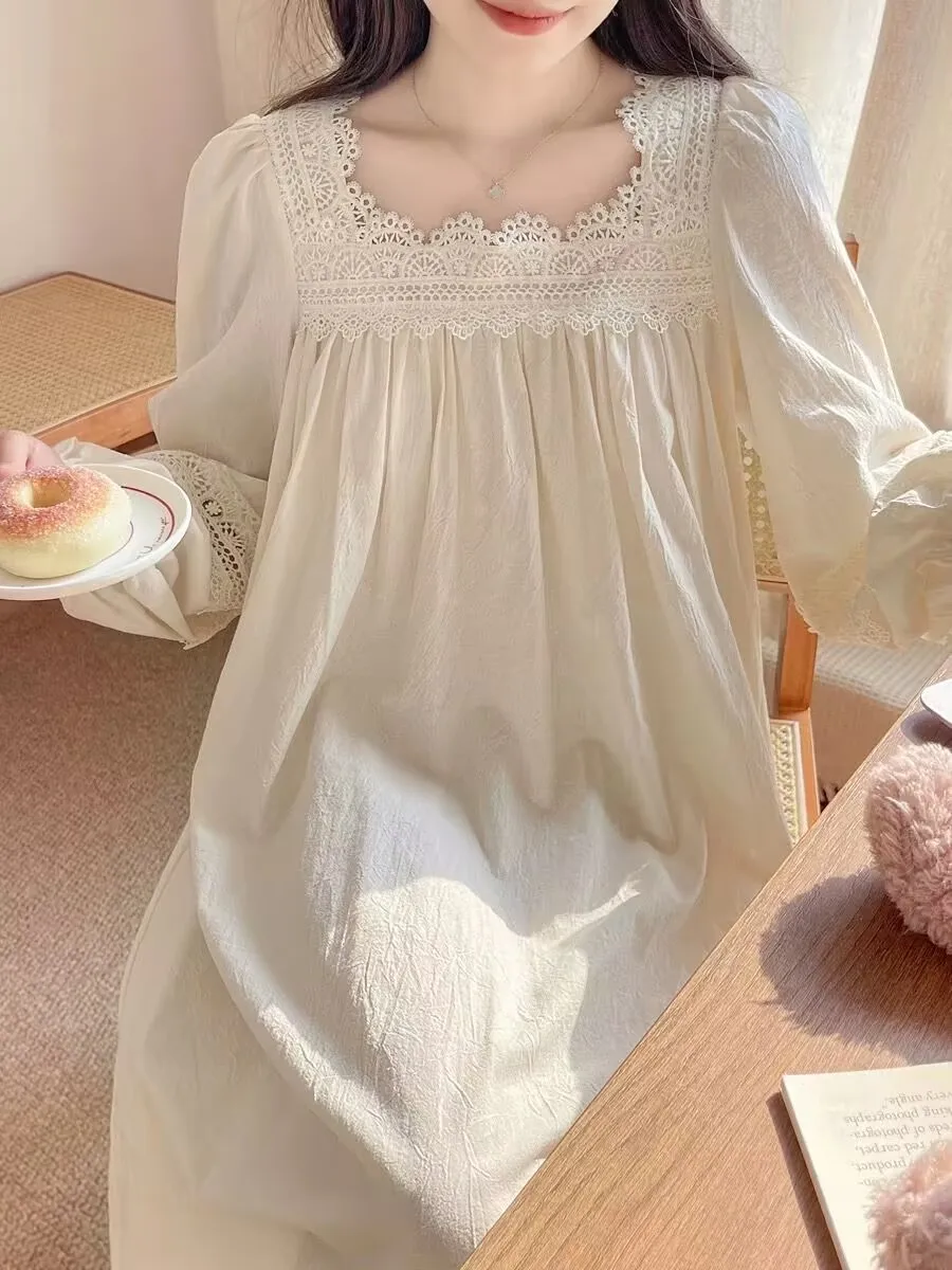 Womens Cotton Nightgowns Long Sleeved Lace Home Dress
