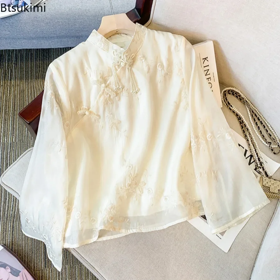 2025 chinesischen Stil frauen Blusen Frühling Solide Stehkragen Blume Stickerei Tops Vintage Elegante Frauen Kleidung Femme Hanfu