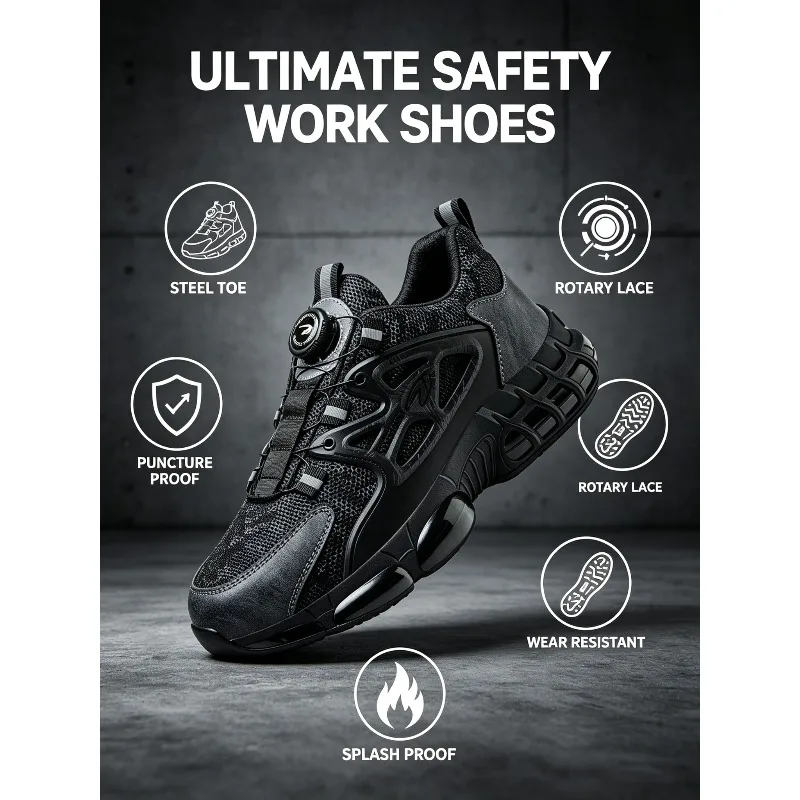 Winter New Safety Shoes Men Steel Toe Puncture Proof Rotating Button Air Work Shoes Indestructible Construction Boots Plus Size
