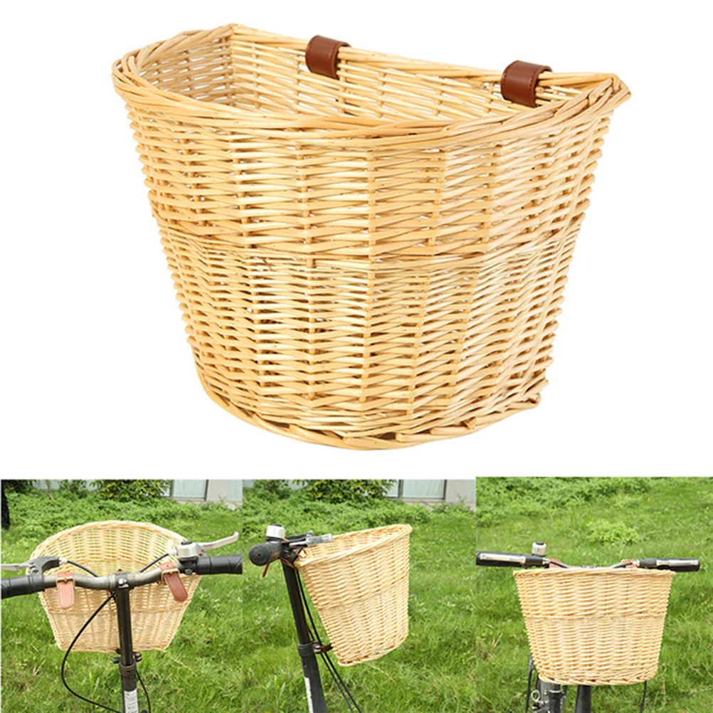 ZK30 Basket Vintage Wicker Basket Portable D Shaped Vegetable Basket for Mountain Bike Front Basket with Leather Straps