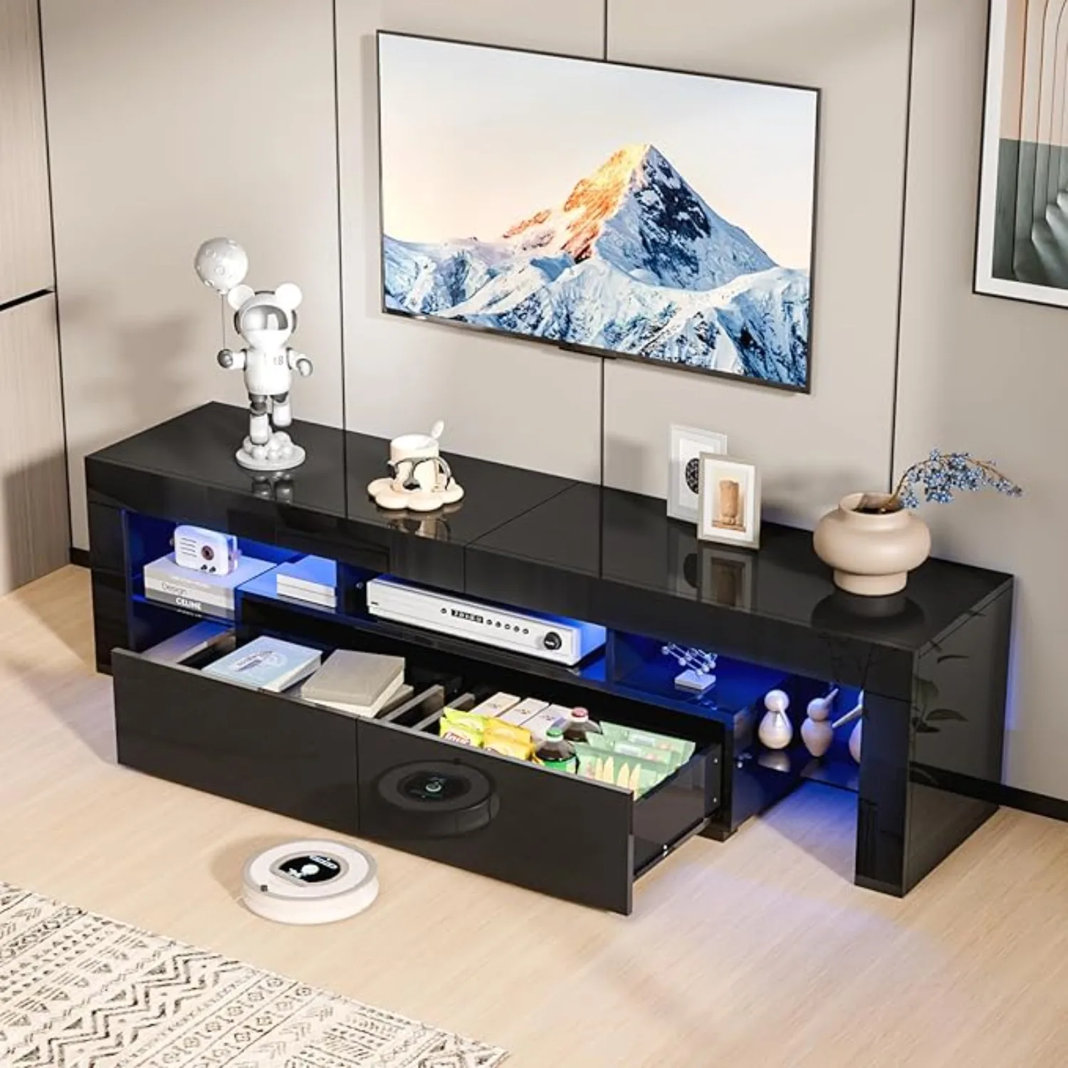 LED TV Stand, 63'' High Glossy Modern Entertainment Center with LED Lights and Storage for 55/60/65/70 Inch TV