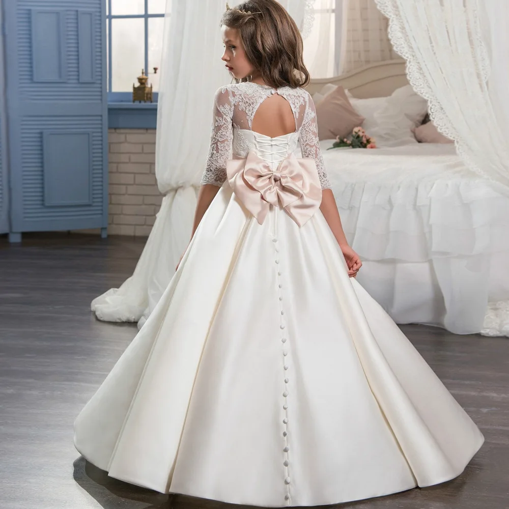 Blumenmädchenkleid mit Schleife, elegantes Erstkommunionkleid, Juwelenausschnitt, Spitze, offener Rücken, Satin-Festzugkleid für Mädchen