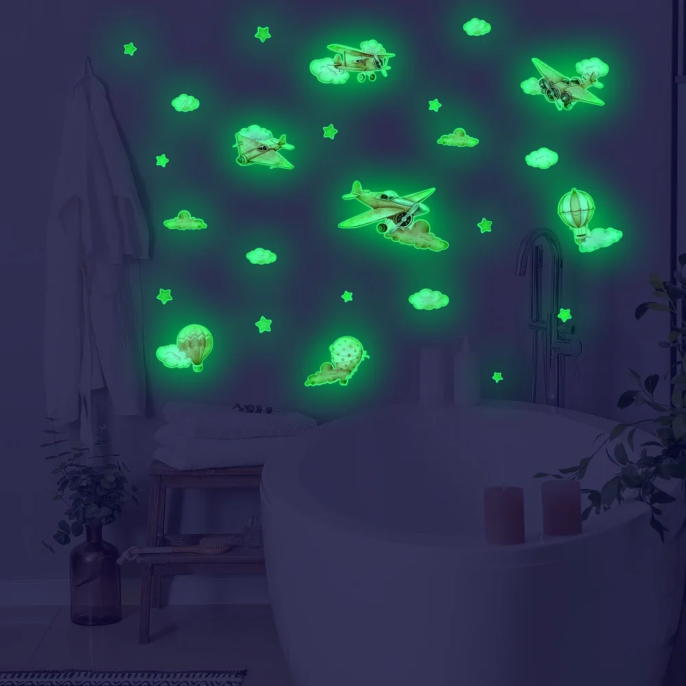 Nursery Decoration Beige Glow Wall Stickers Airplane Decals Glow-in-the-Dark Hot Air Balloon Pattern Peel-and-stick