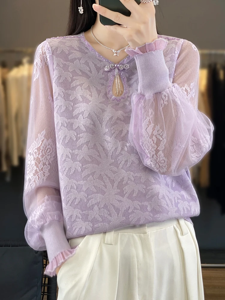 

Ladies Pullover 100% Merino Wool Loose Solid Color V-Neck Lace Sweater Autumn Winter Knit Thick Clothing Warm Soft Casual Top