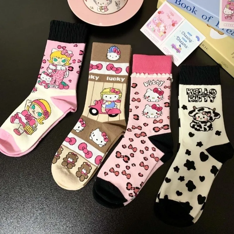 Hello Kitty Primary and Secondary School Leg Socks School Style Cute Cartoon Spring and Autumn Cotton Socks Girl Gift Wholesale