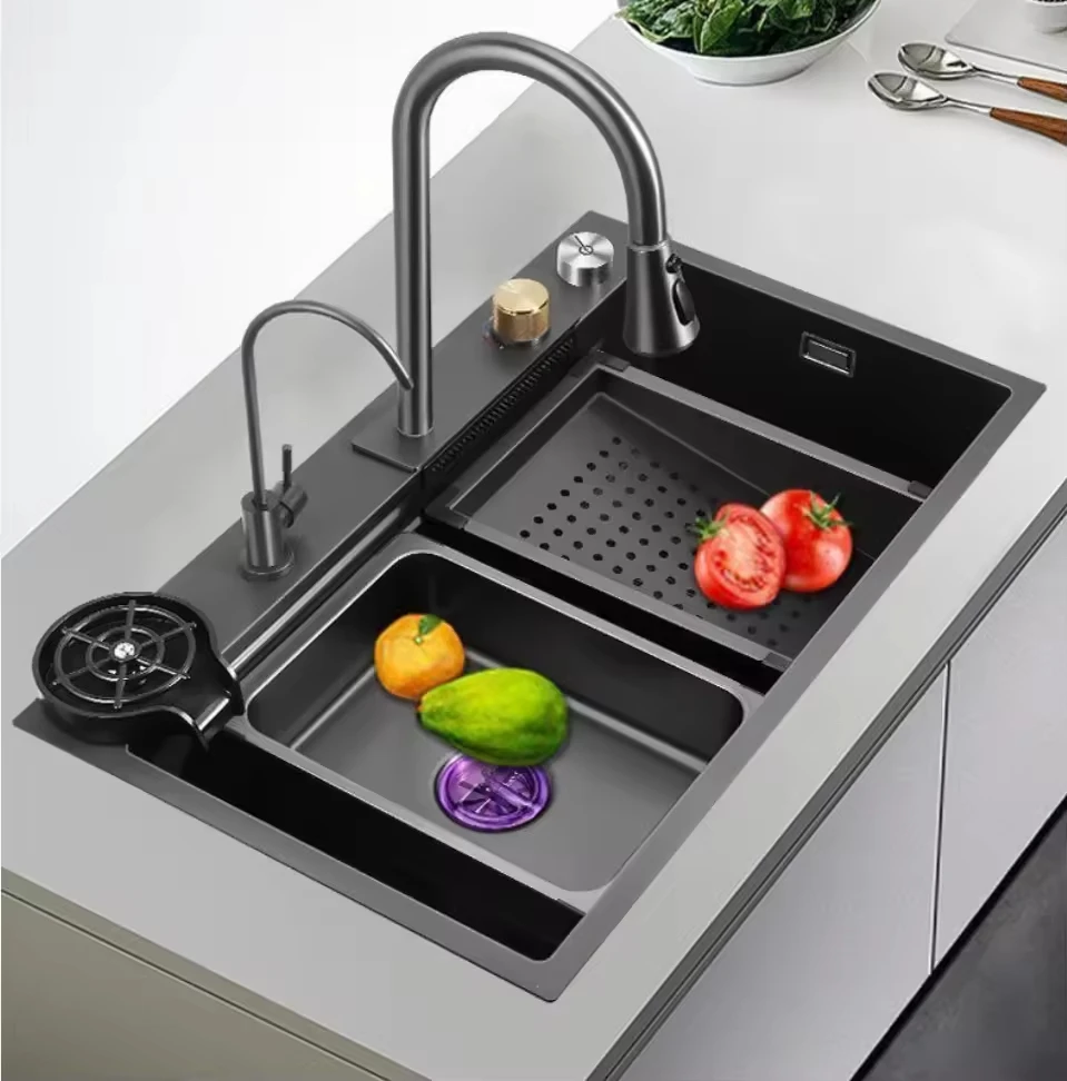 Factory Direct 2026 Handmade 201/304 Stainless Steel Single Bowl Undermount Kitchen Sink Rainfall Faucet Knife Holder
