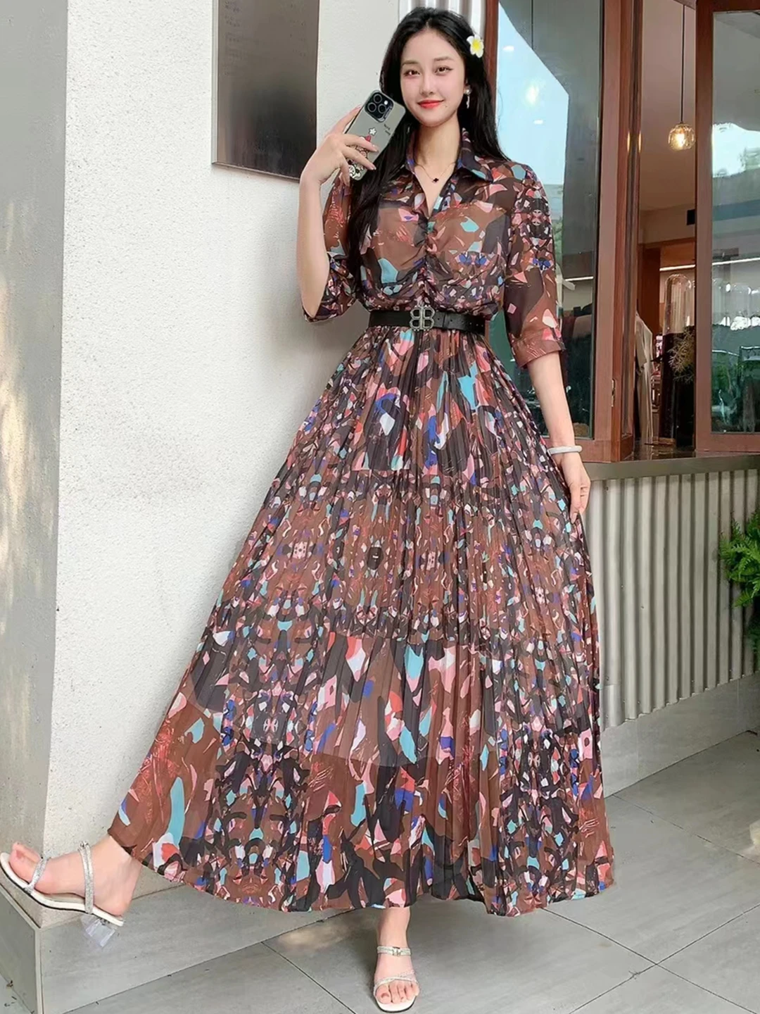 2024 New Spring Summer V-Neck Women Half Sleeve Belt Slim Long Dress High Quality Elegant Pleated Big Hem Vintage Floral Dress