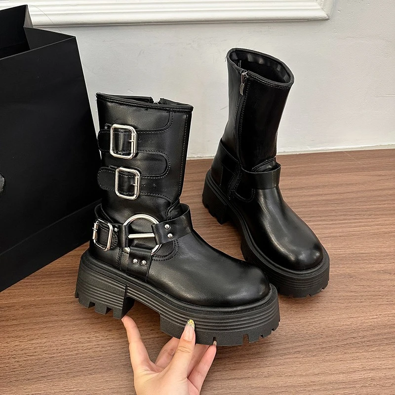 

Block Heel Mid-Tube Boots Women's Round Toe Metallic Wind Belt Buckle Platform Non-Slip Outdoor Western Boots