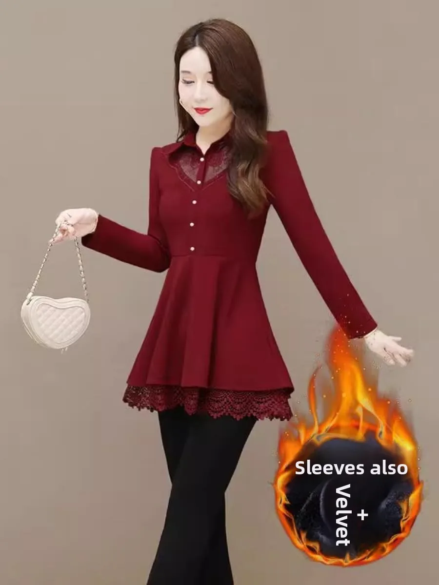 

Ele Lace Base irt Long Sve Women's plus Size Belly Cover Faionable High-End Small irt Trendy Autumn Winter Top