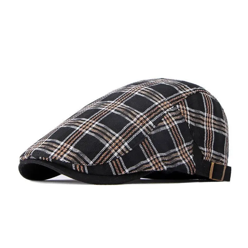 Spring Cotton Plaid Print Newsboy Caps Flat Peaked Cap Men and Women Painter Beret Hats 110