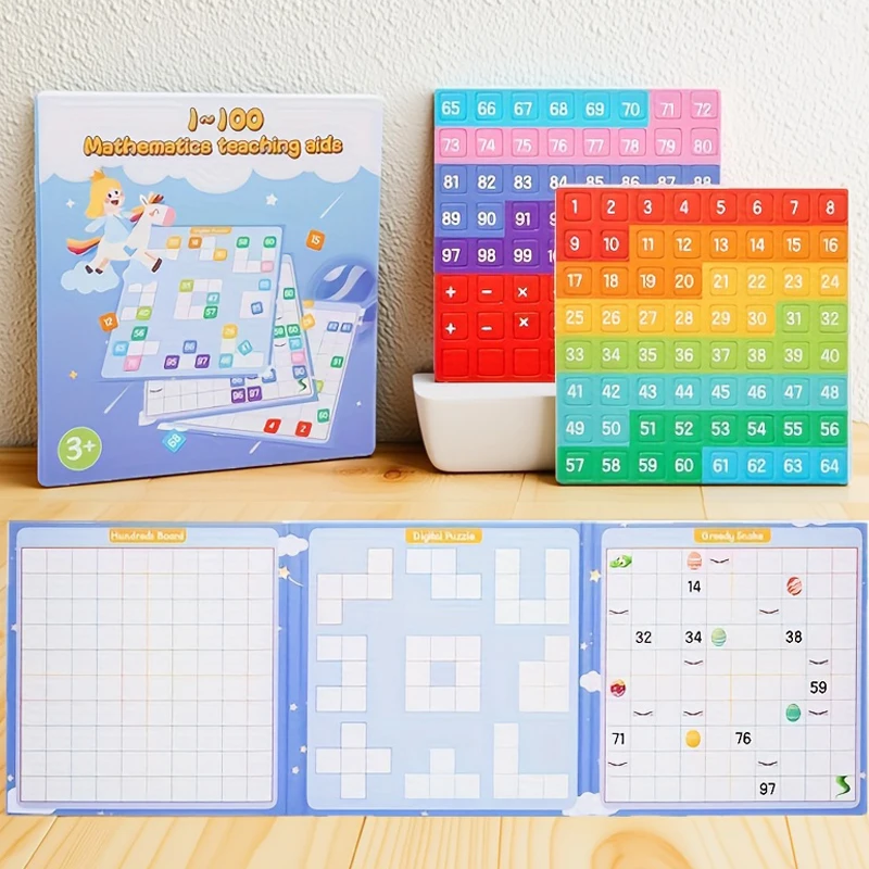 3-in-1 Magnetic Numbers Toy Puzzle, Hundreds Board/Digital Puzzle/Greedy Snake Game, 1-100 Mathematics Teaching Aids