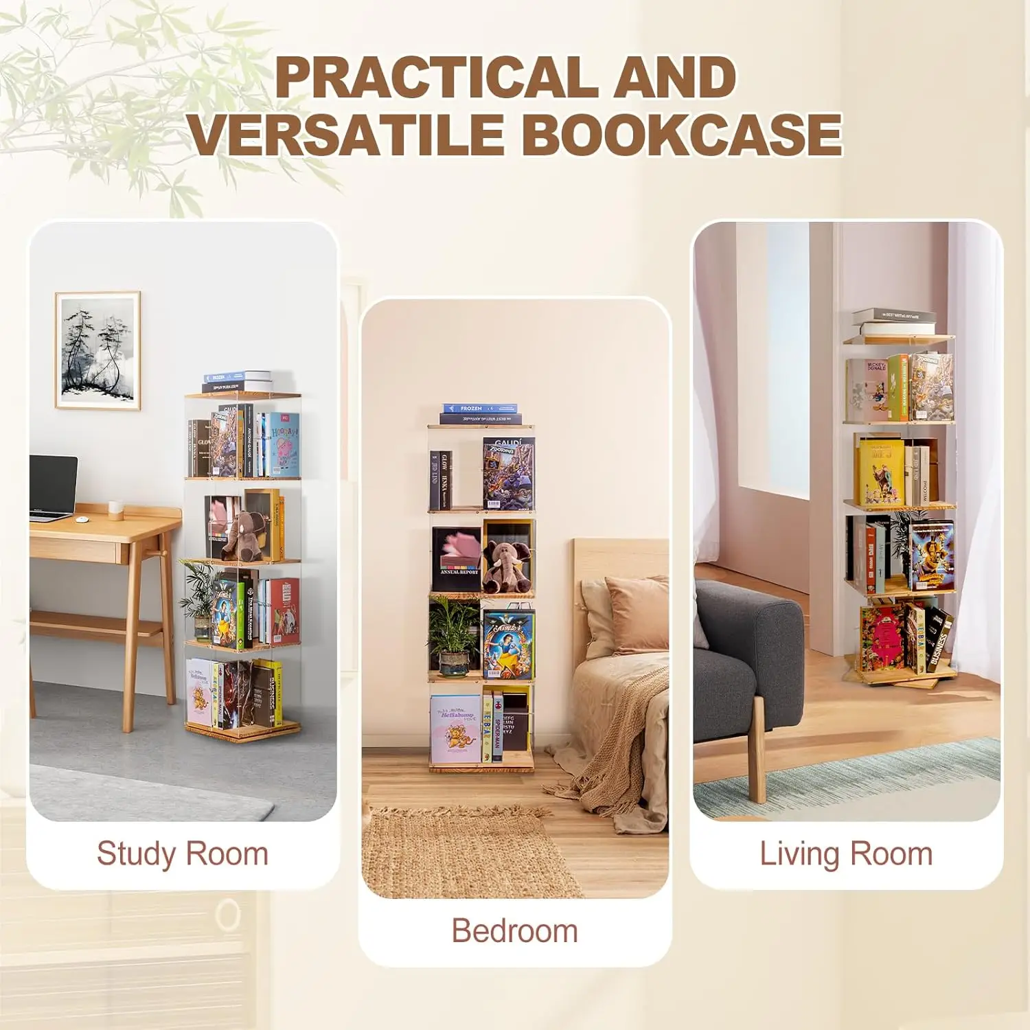 Bookshelf, 360 Degree Revolving Bookcase, 4-Tier Spinning Bookshelf, Clear Acrylic & Solid Wood Rotating Bookcase for Kid’s Play