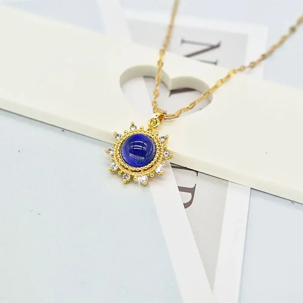 Korean Trendy Color Change Temperature Sun Opal Pendant Necklace for Women Temperament Gold Color Stainless Steel Choker Jewelry