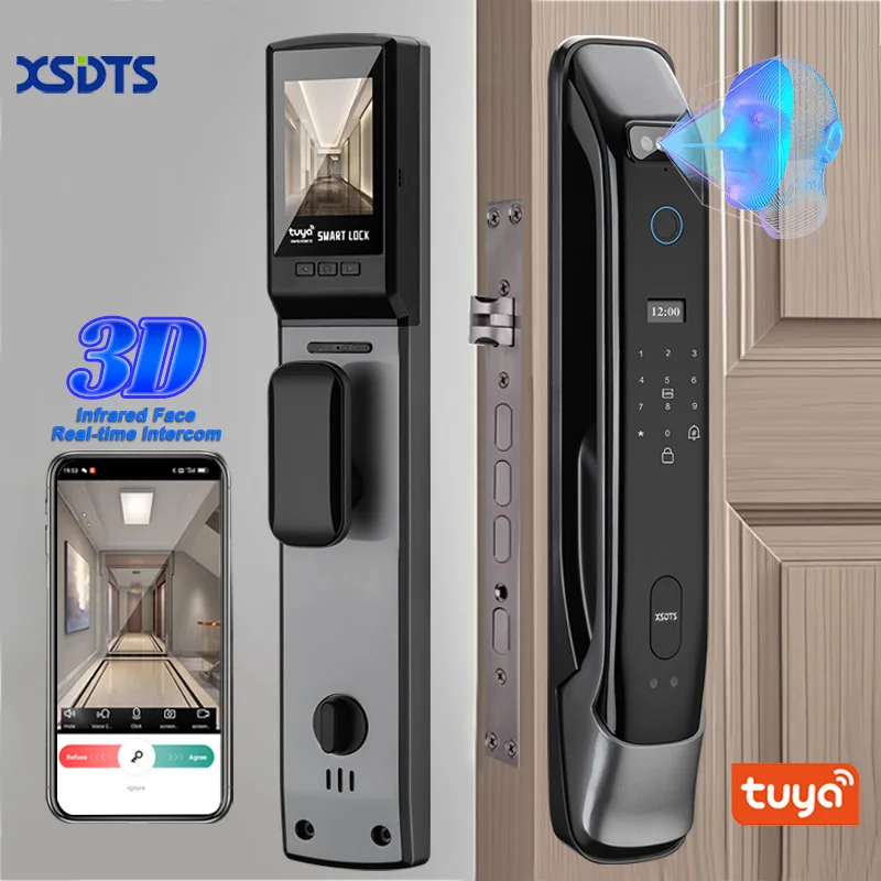 

3D Real-time Intercom Face Recognition Digital Door Lock With Camera FIngerprint Password Unlock Keyless Electronic Door Lock