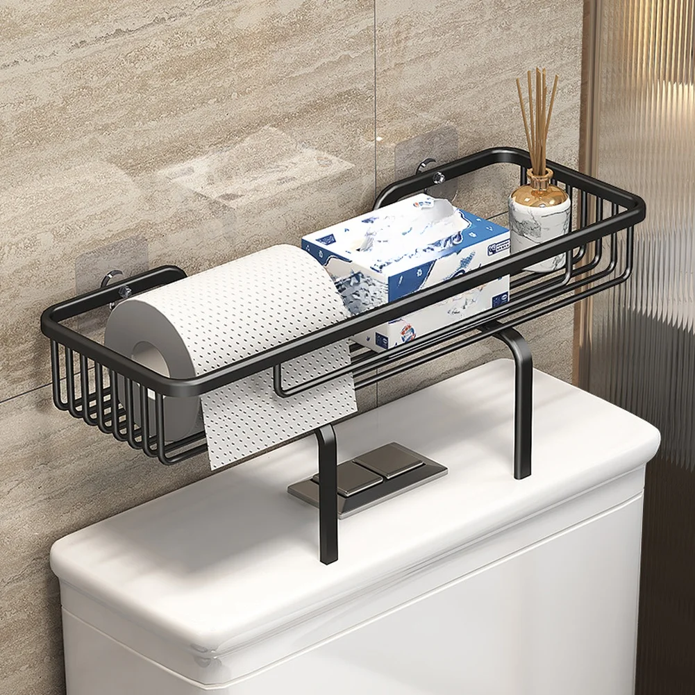 Aluminum Wall Mounted Suction Shelf for Toilet Area Bathroom Storage Organizer Non-Slip Rust 35x15x7cm Black Finish