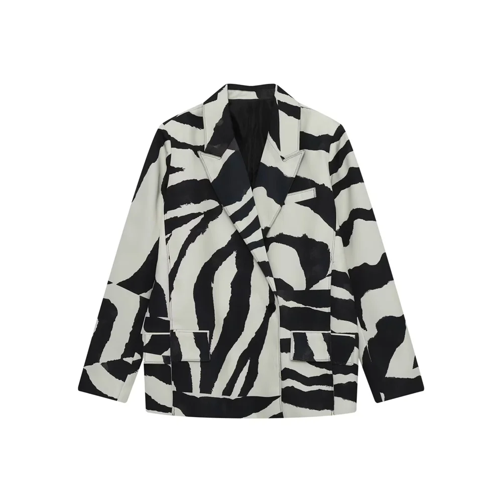

BMURHMZA's new women's fashion design features a lapel long sleeved double breasted animal print suit jacket