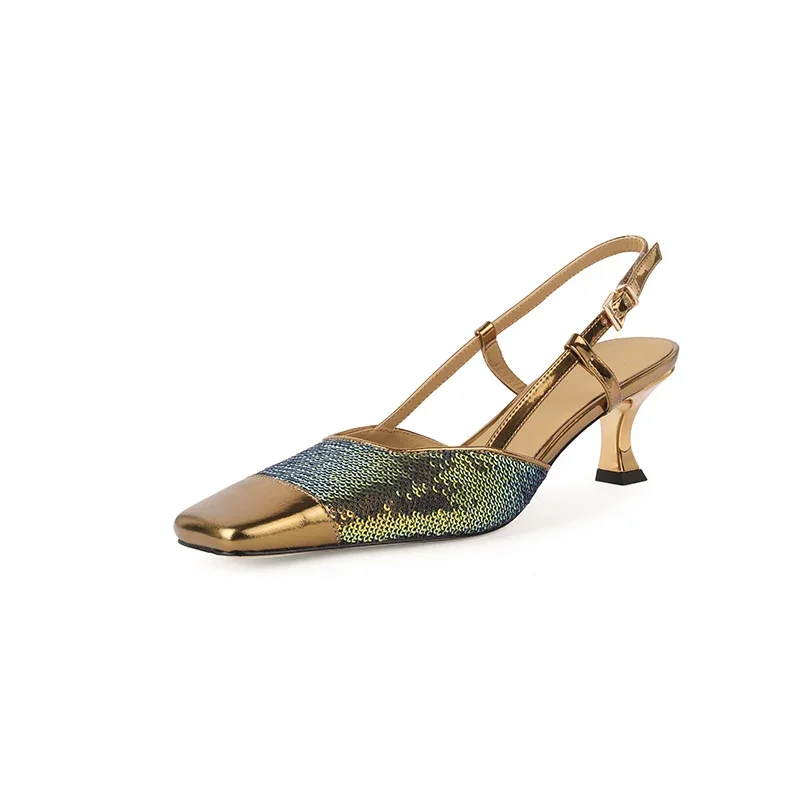 Sandales d'été en cuir naturel pour femmes, chaussures 22-2024 cm, en peau de mouton, peau de porc, à paillettes, à bout carré, nouvelle collection 24.5