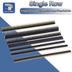 Single Row Masculino e Feminino PCB Round Pin Header, Conector de soquete, Banhado a ouro Pinheader para Arduino, 2.0mm, 2.54mm, 1x40p, 5Pcs