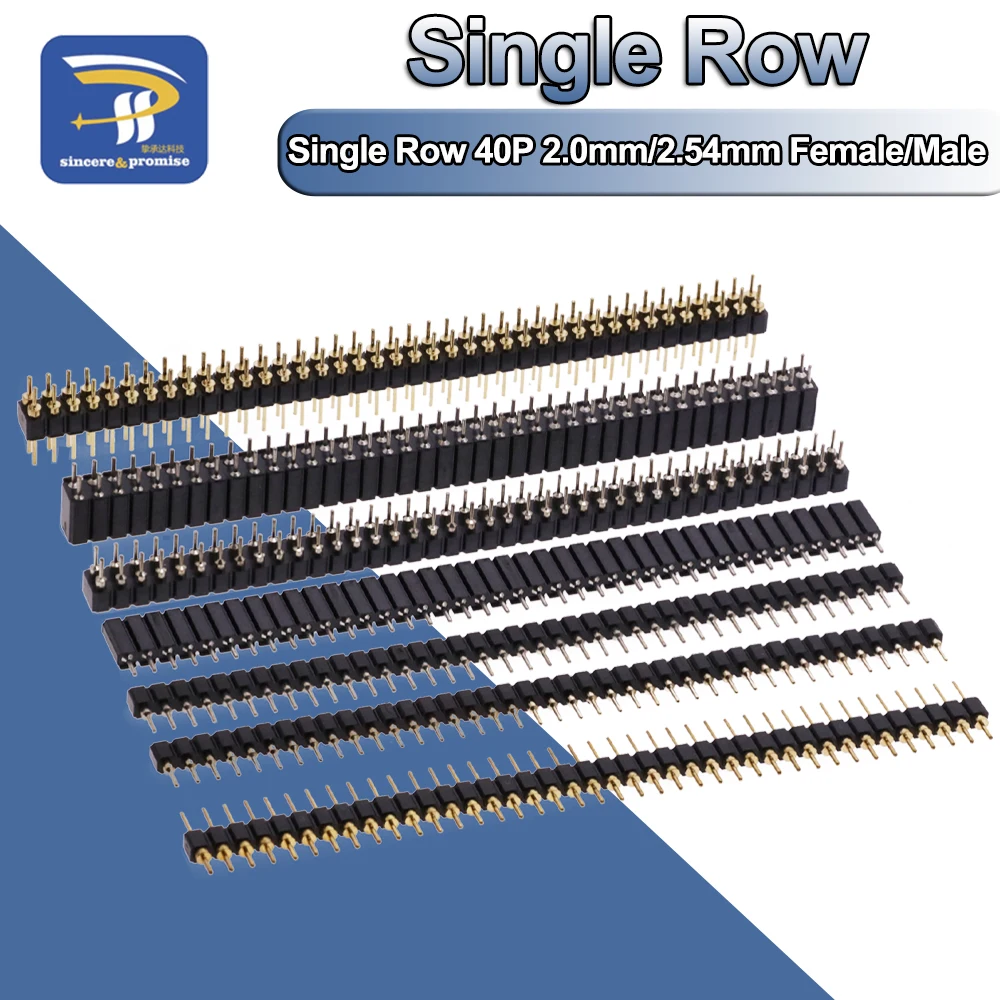 5 SZTUK 1*40p Jednorzędowe męskie żeńskie złącze PCB Okrągłe złącze pinowe Pinheader Pozłacane 2.0mm 2.54 mm Dla Arduino