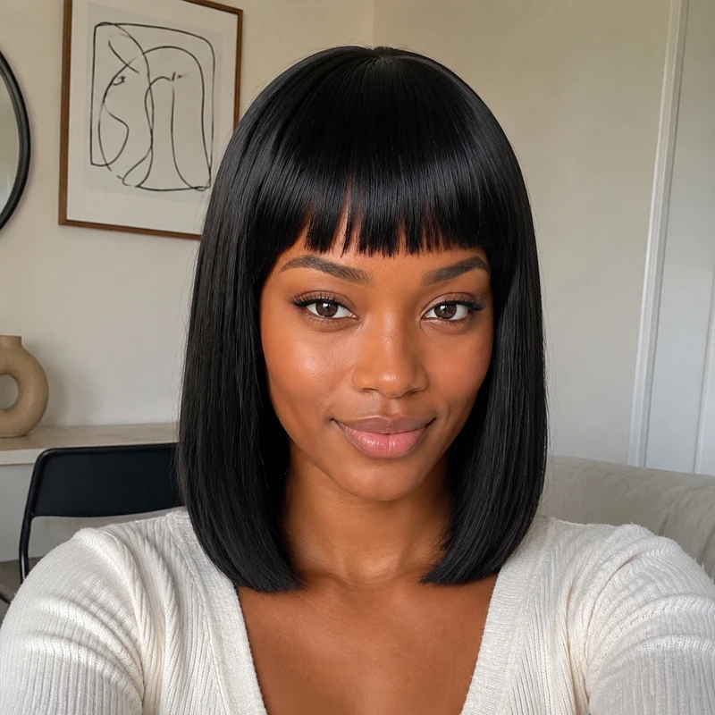 12-inch black synthetic wig for women, trendy and voluminous style, suitable for all women.
