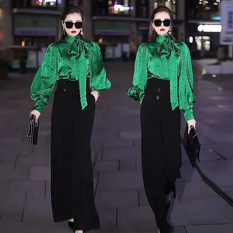 

Fashion Scarf Collar Lace Up Bow Polka Dot Blouses Women Clothing 2023 Autumn Winter New Office Lady Tops Lantern Sleeve Shirts