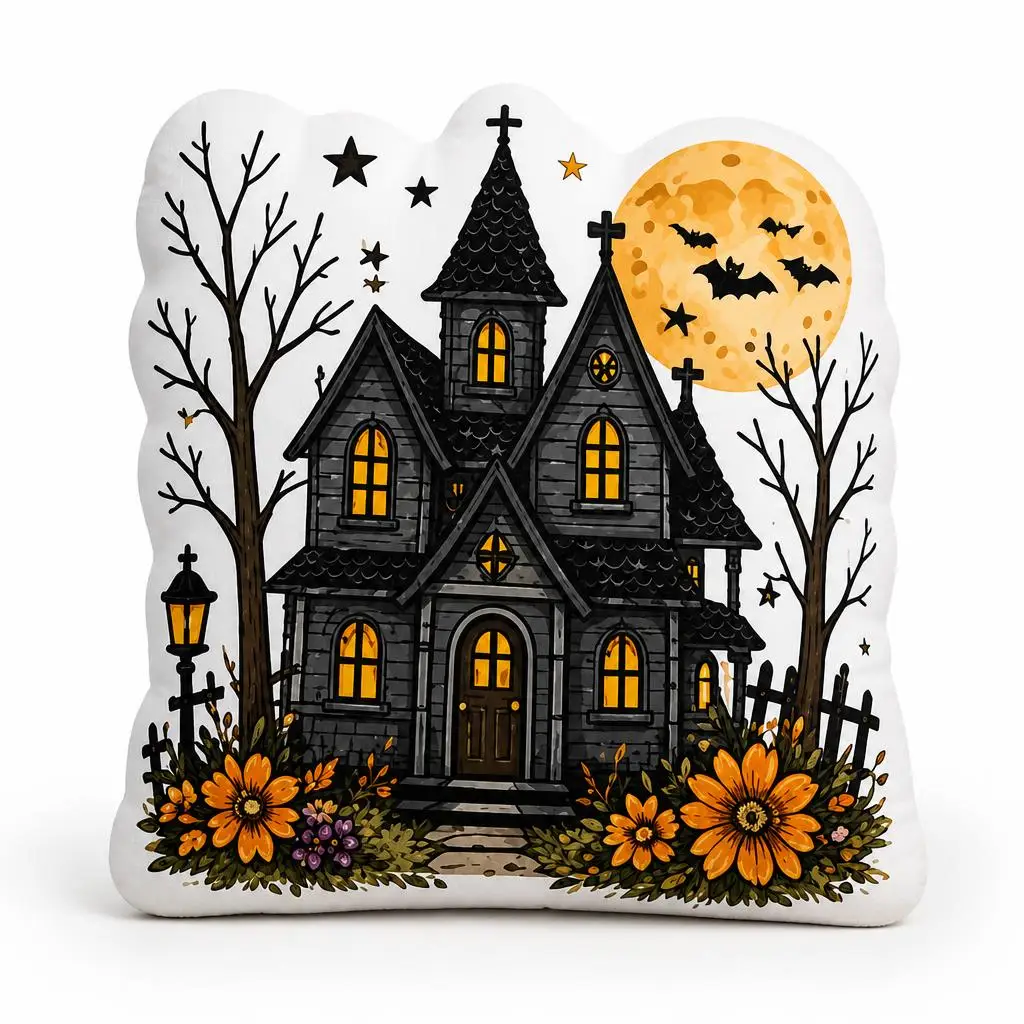 Halloween Haunted House Spooky Bats Full Moon Witchy Autumn Plush Pillow Cushion Stuffed Throw Pillow Home Decor Gift Sofa Bed